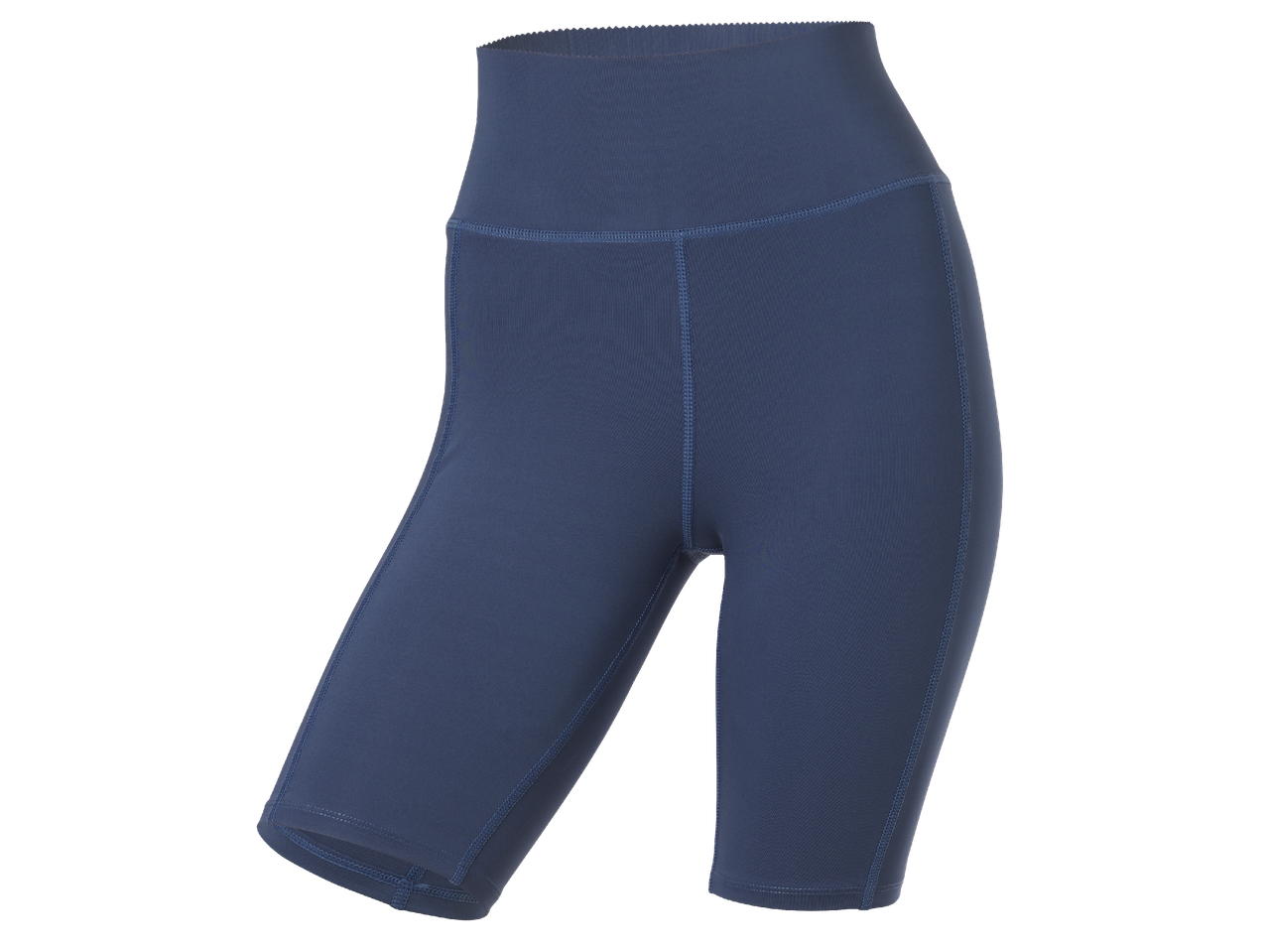 Дамски къс клин в тъмносин цвят, с висока талия и видими шевове.