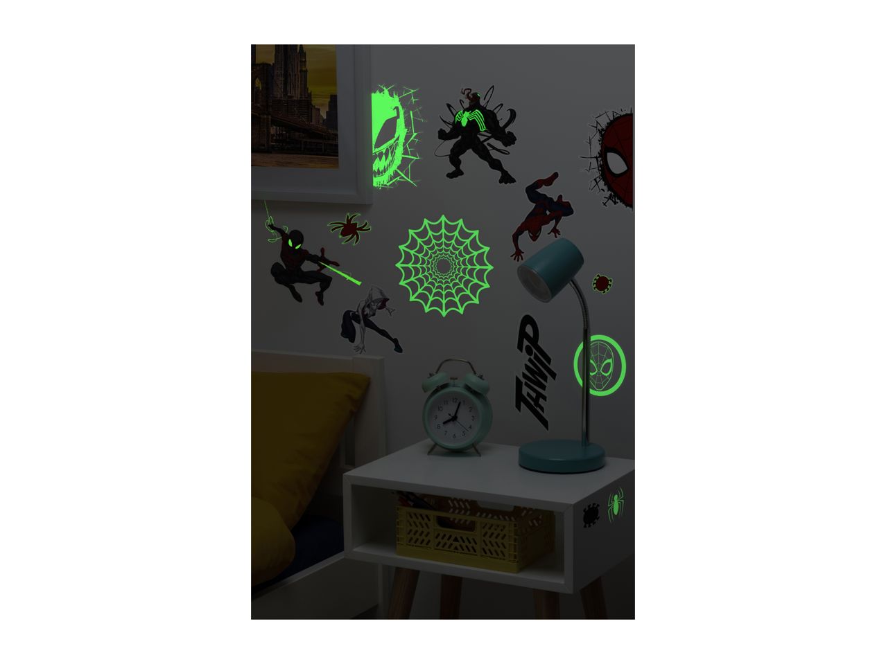 Glow-in-the-dark Spider-Man wall decals decorate a child's bedroom.
