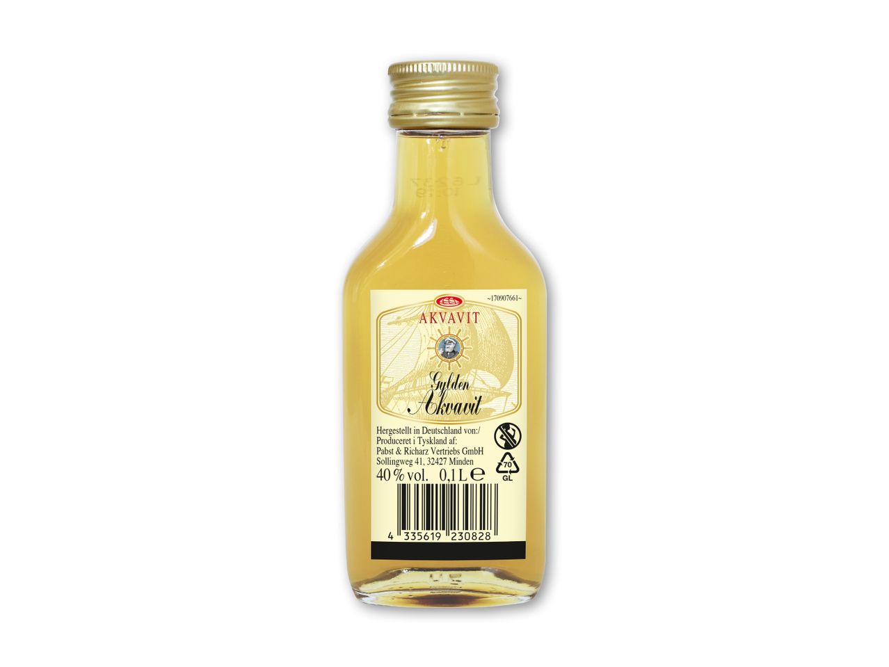 En lille flaske akvavit med en gylden etiket, der viser et sejlskib og en sømand, med teksten '40% vol. 0,1 L'.
