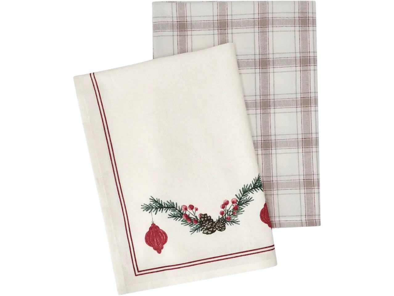 LIVARNO virtuviniai rankšluosčiai: vienas baltas su kalėdiniu motyvu ir vienas languotas smėlio ir raudonos spalvos.