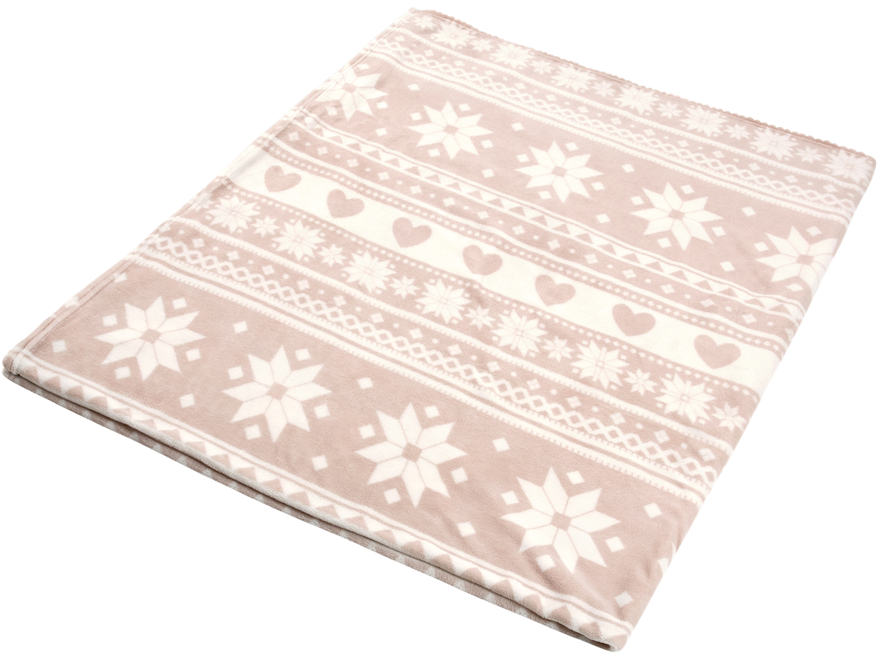 Hubane fliispleed põhjamaise lumehelbe- ja südamekujundusega beežis ja valges.