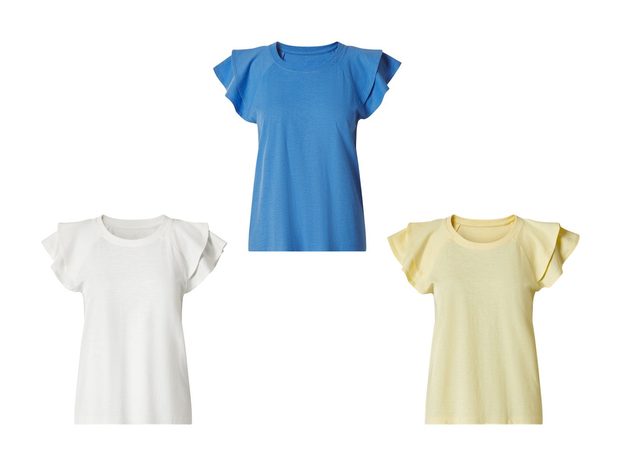 Tre T-shirts med flæseærmer i blå, hvid og gul.