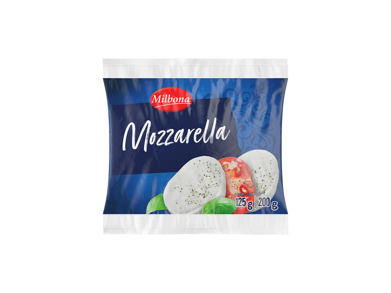 Brânză Mozzarella Milbona într-o pungă cu busuioc și roșii.