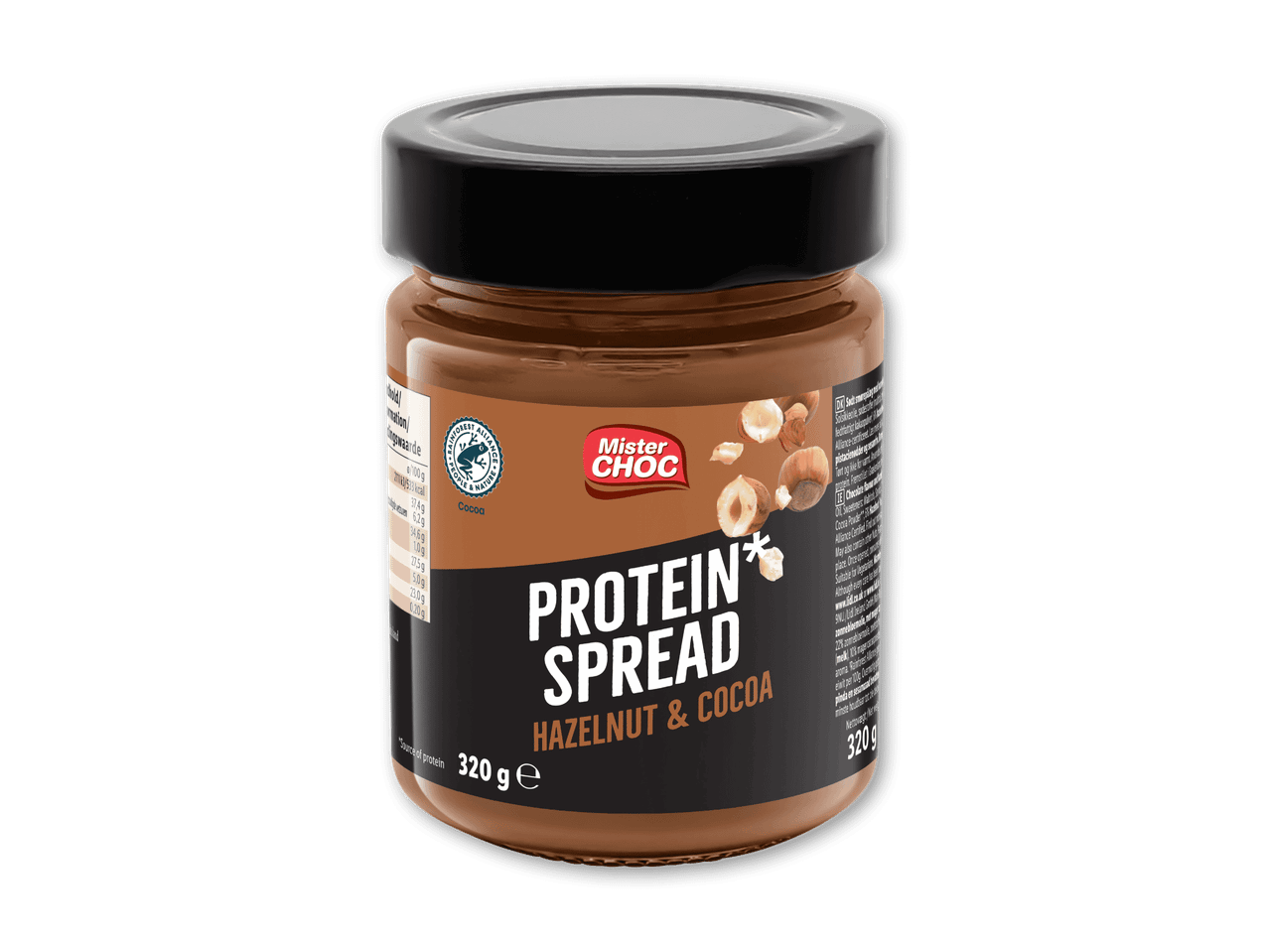 Glas med protein-nøddepålæg med hasselnød og kakao, 320 g.
