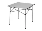 A silver aluminum folding camping table is shown against a white background.