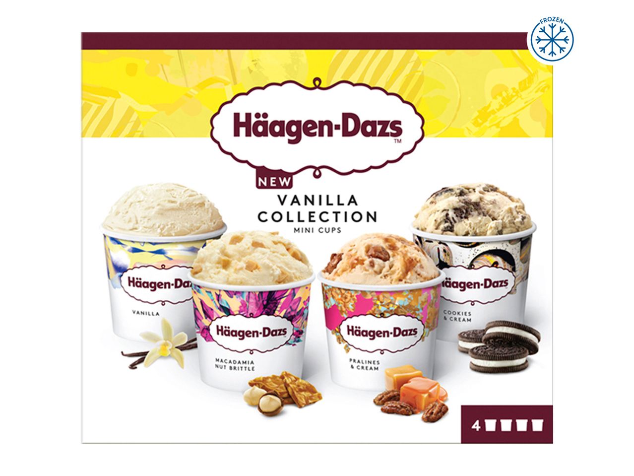 Häagen-Dazs Vanilla Collection ice cream variety pack featuring vanilla, cookies & cream, and other flavors.