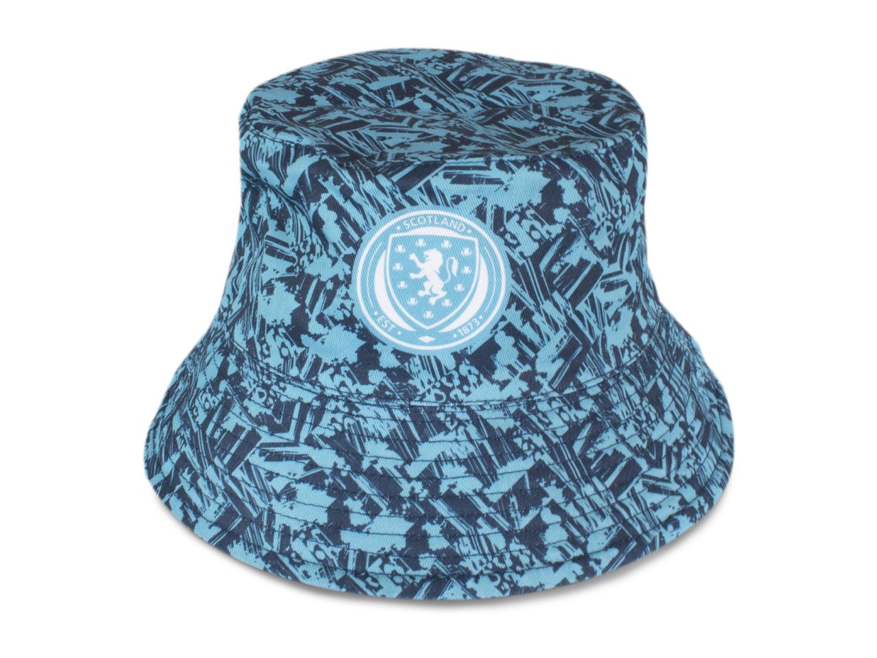 Blue patterned bucket hat with a circular emblem featuring a lion rampant and text 'Scotland Est. 1873'.
