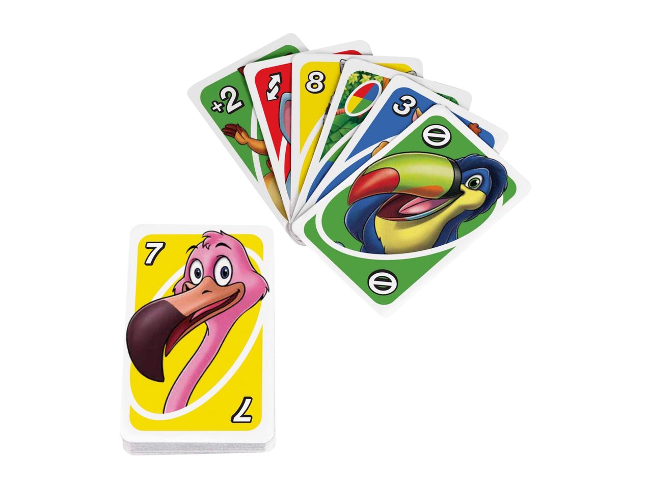 A stack of colorful playing cards with animal illustrations, including a flamingo and a toucan.
