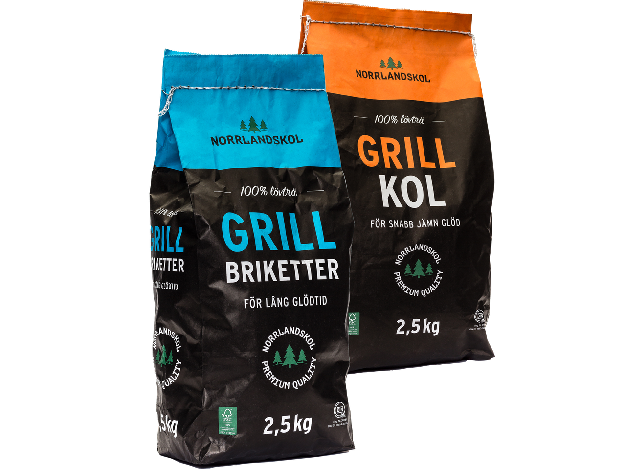 Två påsar med Norrlandskol grillkol och briketter.