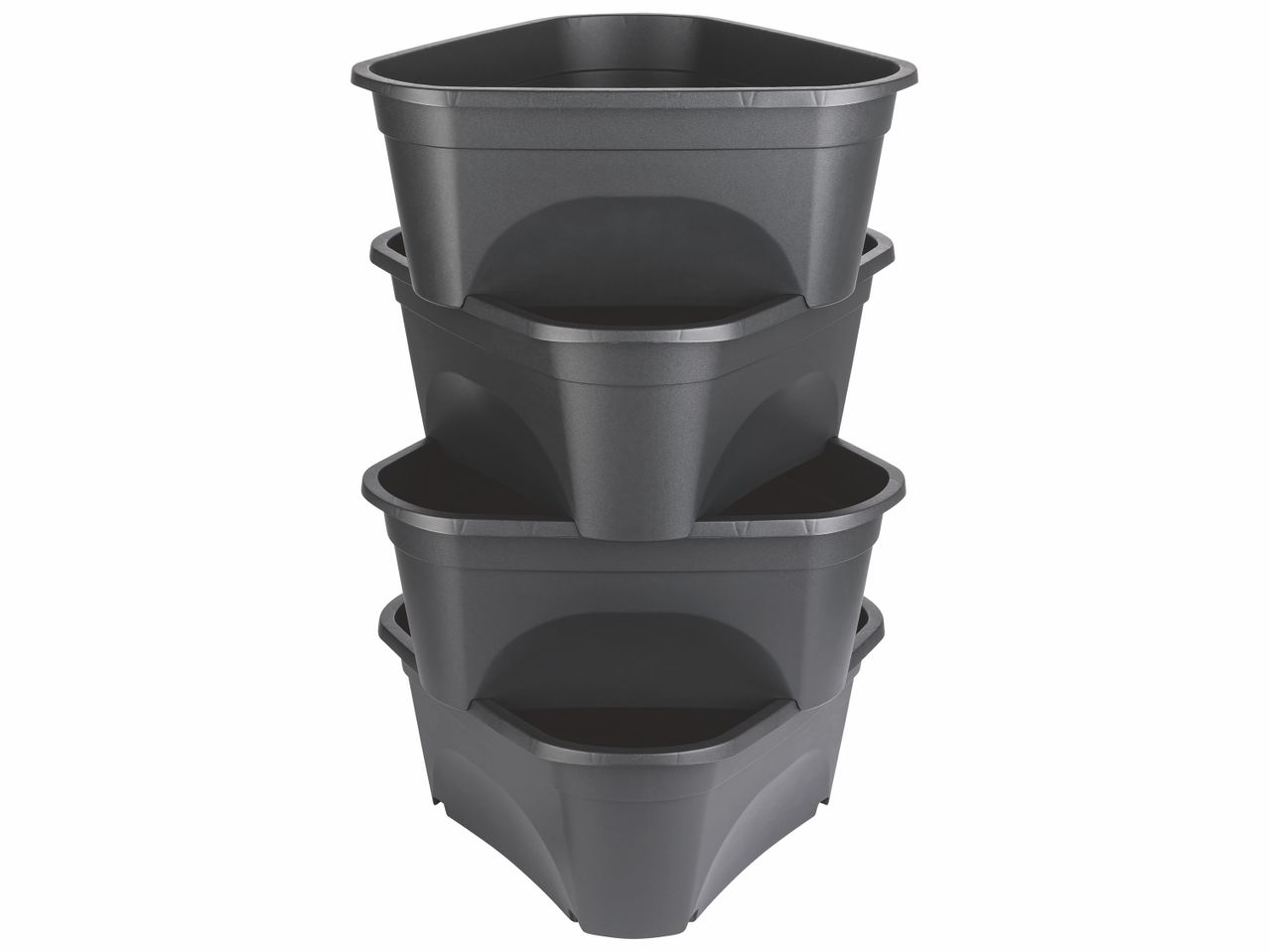 Trois pots noirs empilés pour plantes.