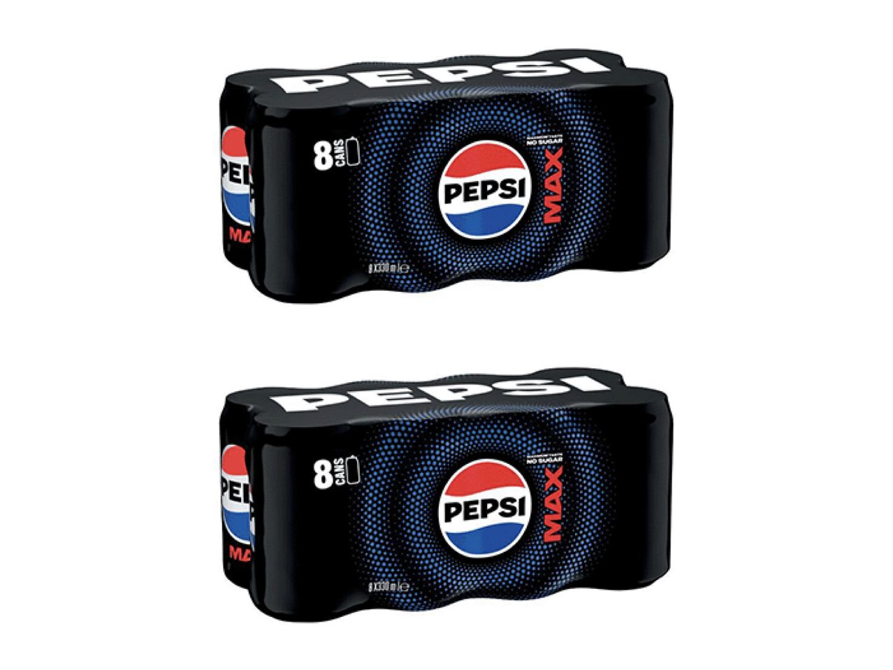 Two 8-packs of Pepsi Max cans, black packaging with blue and red accents.