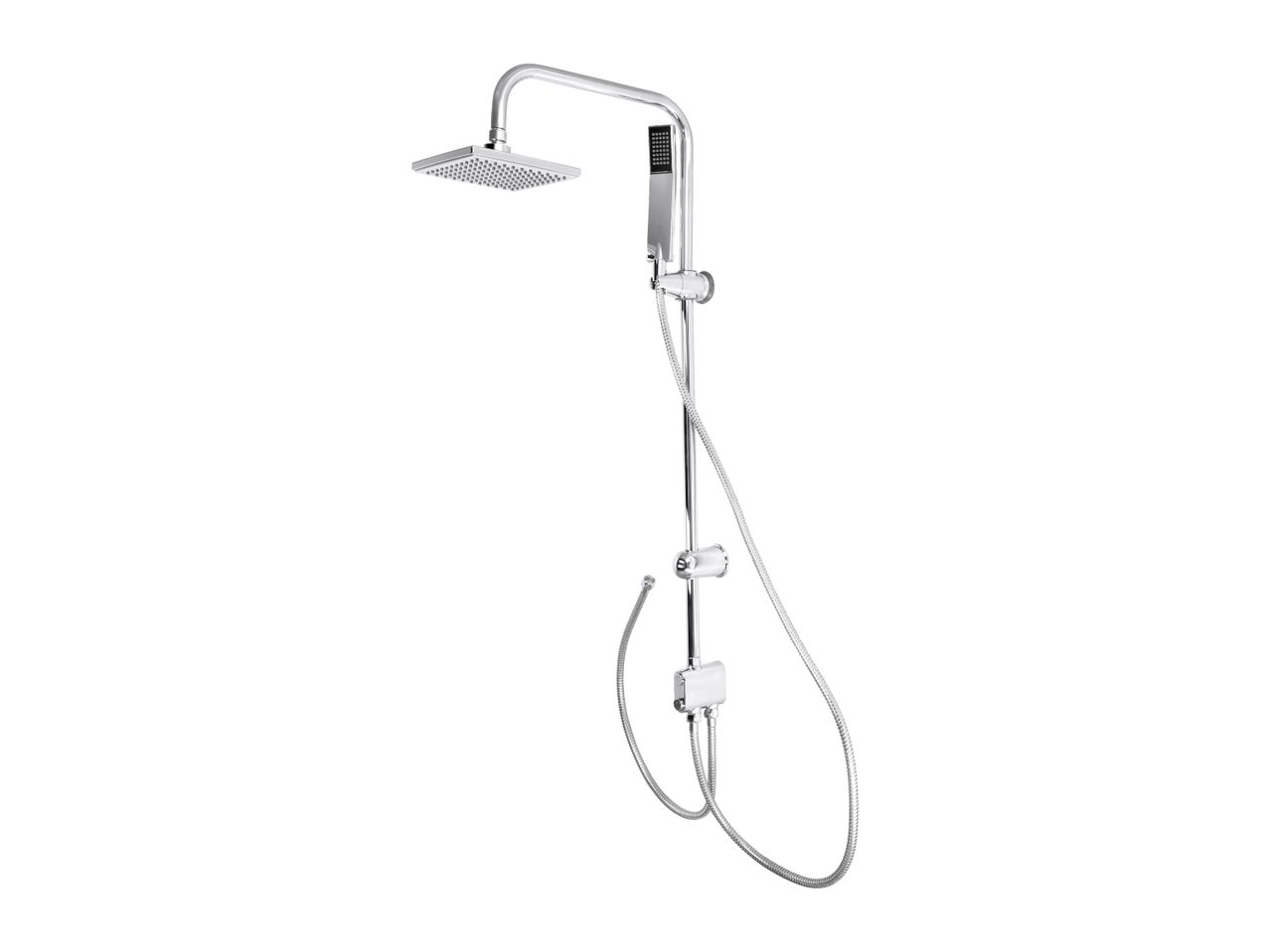 Chrome shower system with a square overhead shower and a handheld shower.
