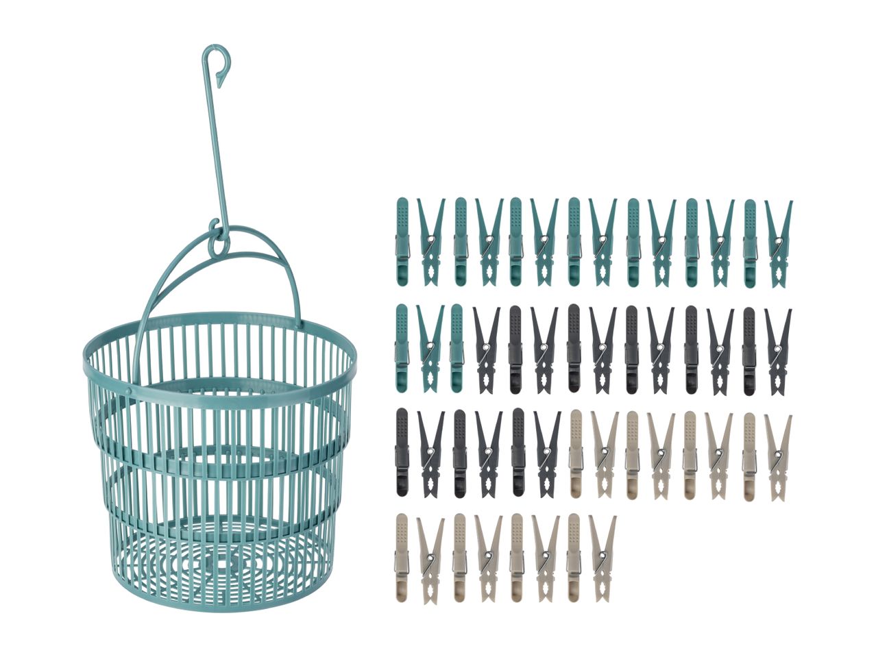 Teal plastic laundry basket with hanging hook and set of assorted colored clothespins.