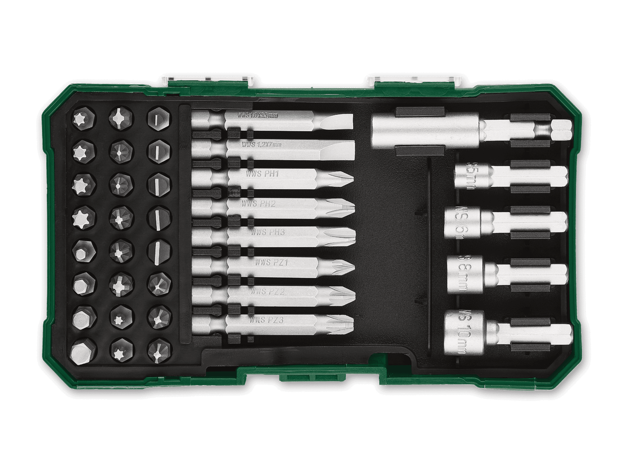 Schraubendreher-Bit-Set mit verschiedenen Bits und Steckschlüsseln in einer grünen Box.