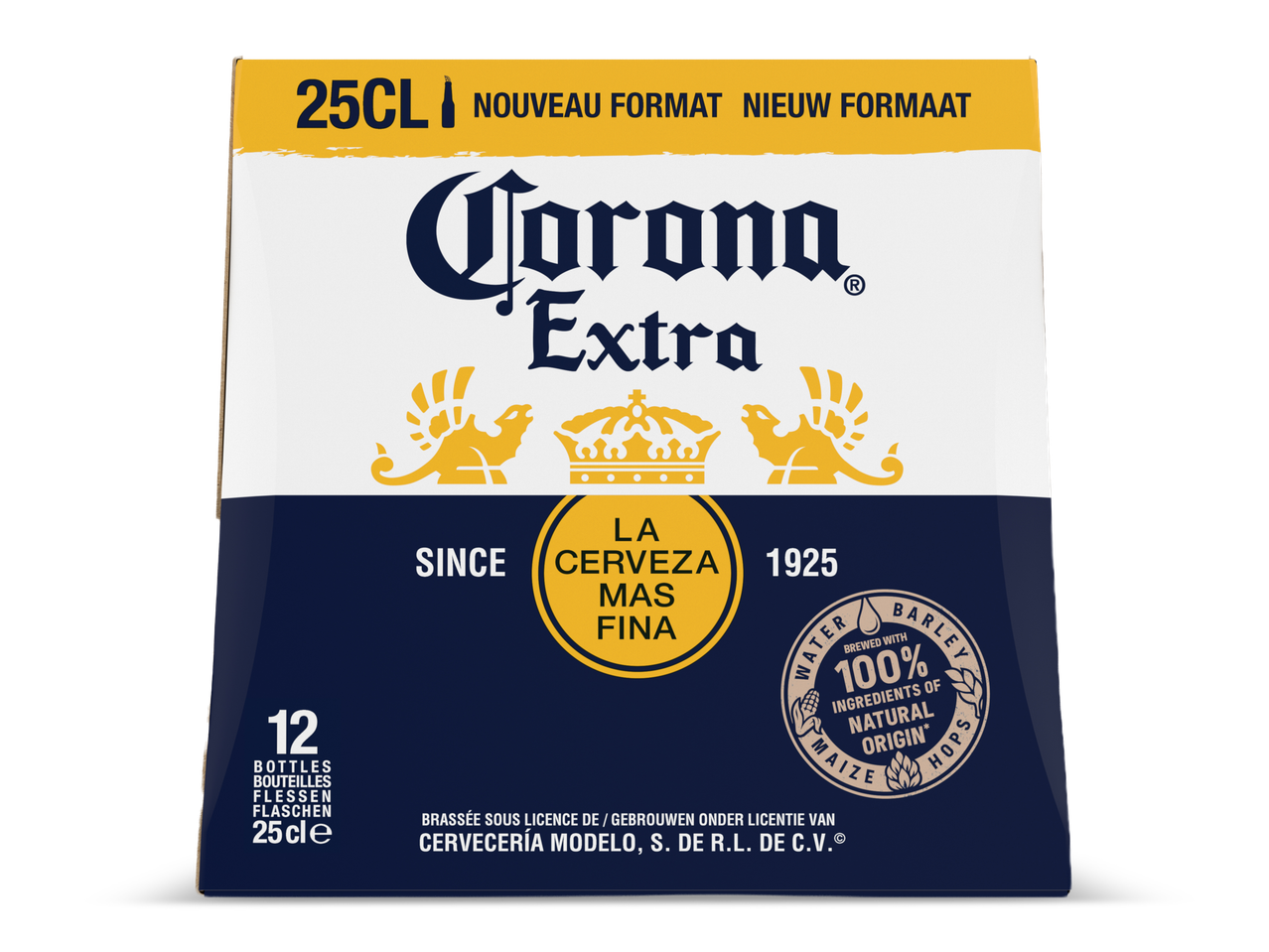 Corona Extra 12-pack van 25cl flessen, met 'Nieuw Formaat' en '100% Natuurlijke Oorsprong' tekst.