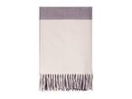 Two-tone blanket with fringes, featuring a light cream body and a purple top and bottom.