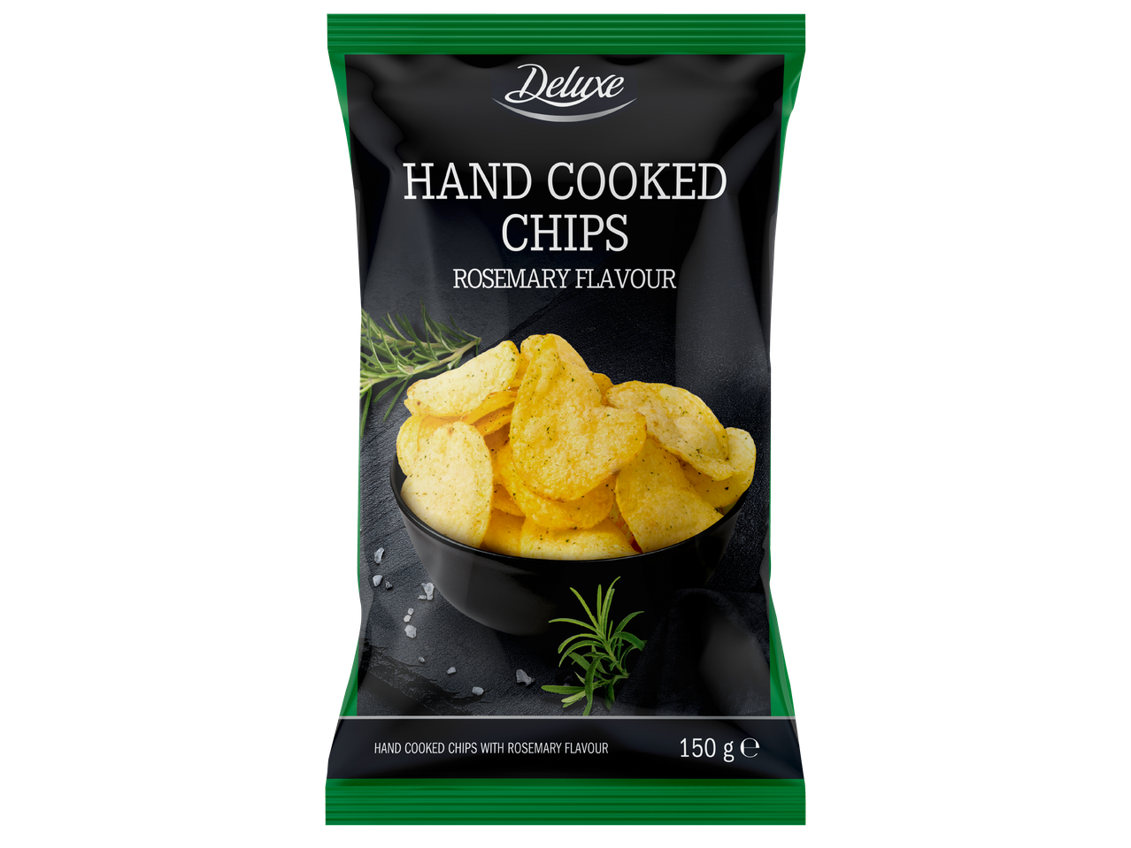 Пакет чипс с вкус на розмарин, с надпис „Ръчно приготвен чипс с вкус на розмарин“ и „150 g e“.