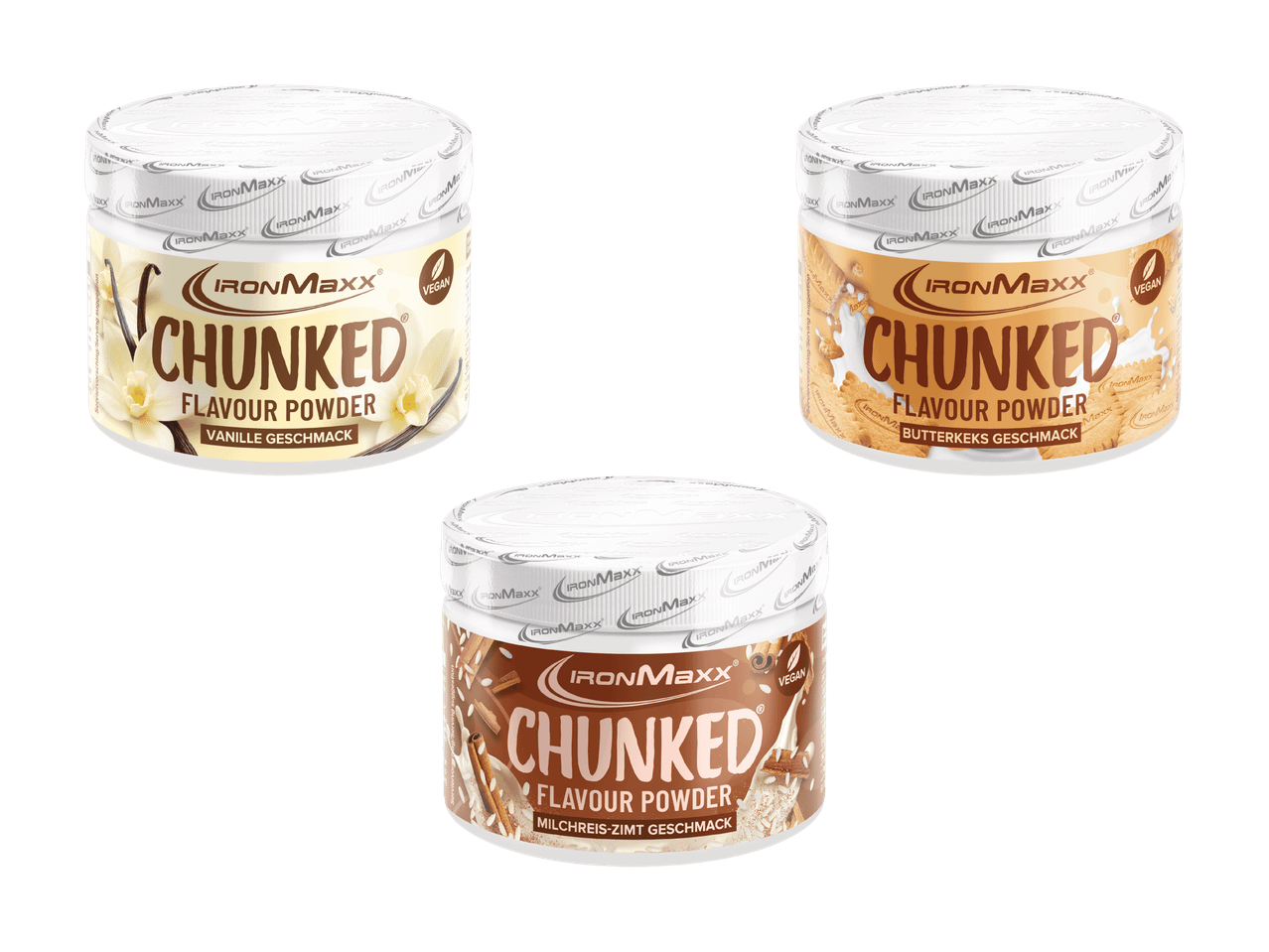 Trois pots de poudre aromatisée végétalienne : vanille, biscuit au beurre et riz au lait-cannelle.