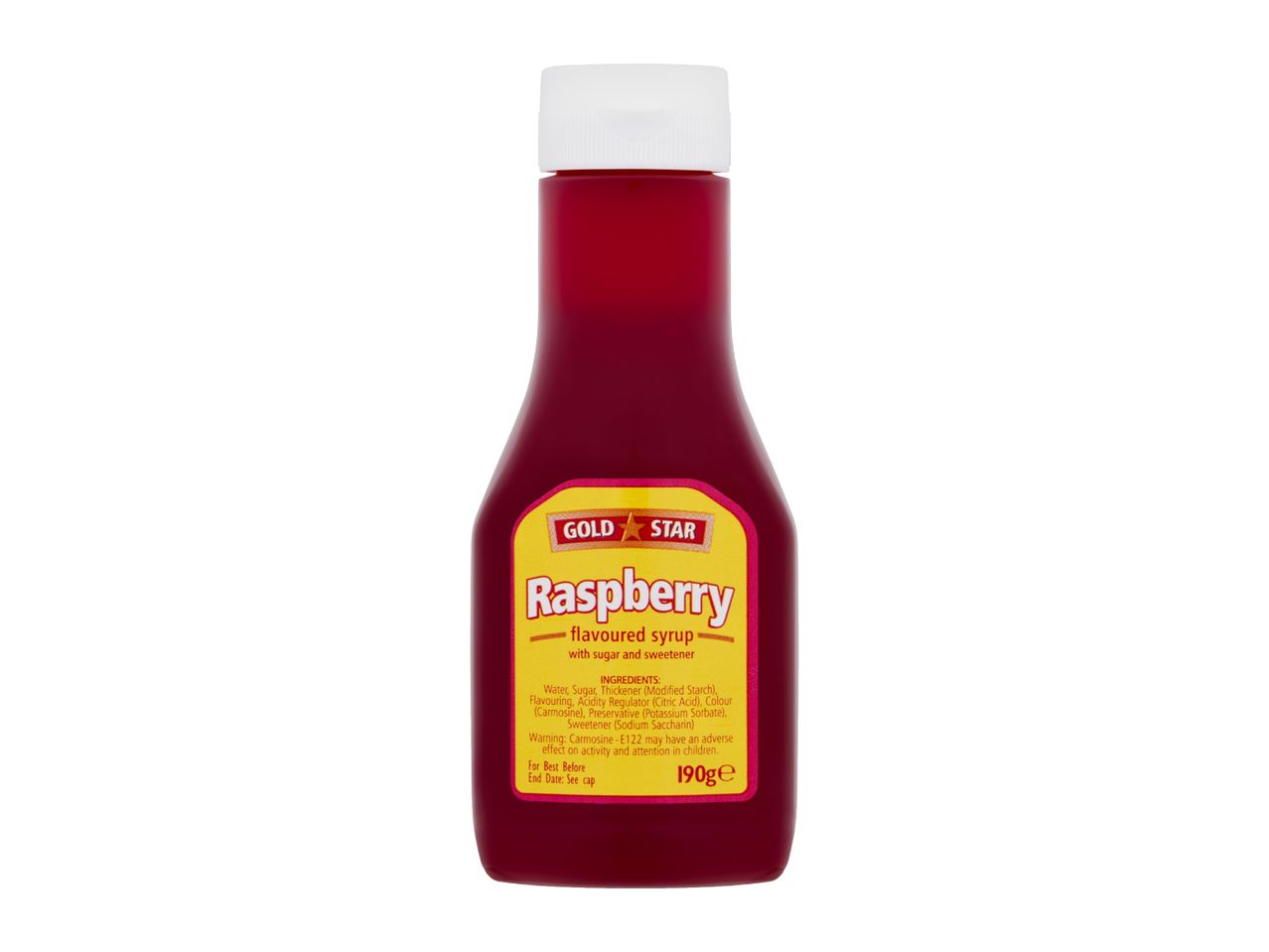 Raspberry flavoured syrup with sugar and sweetener in a clear bottle.