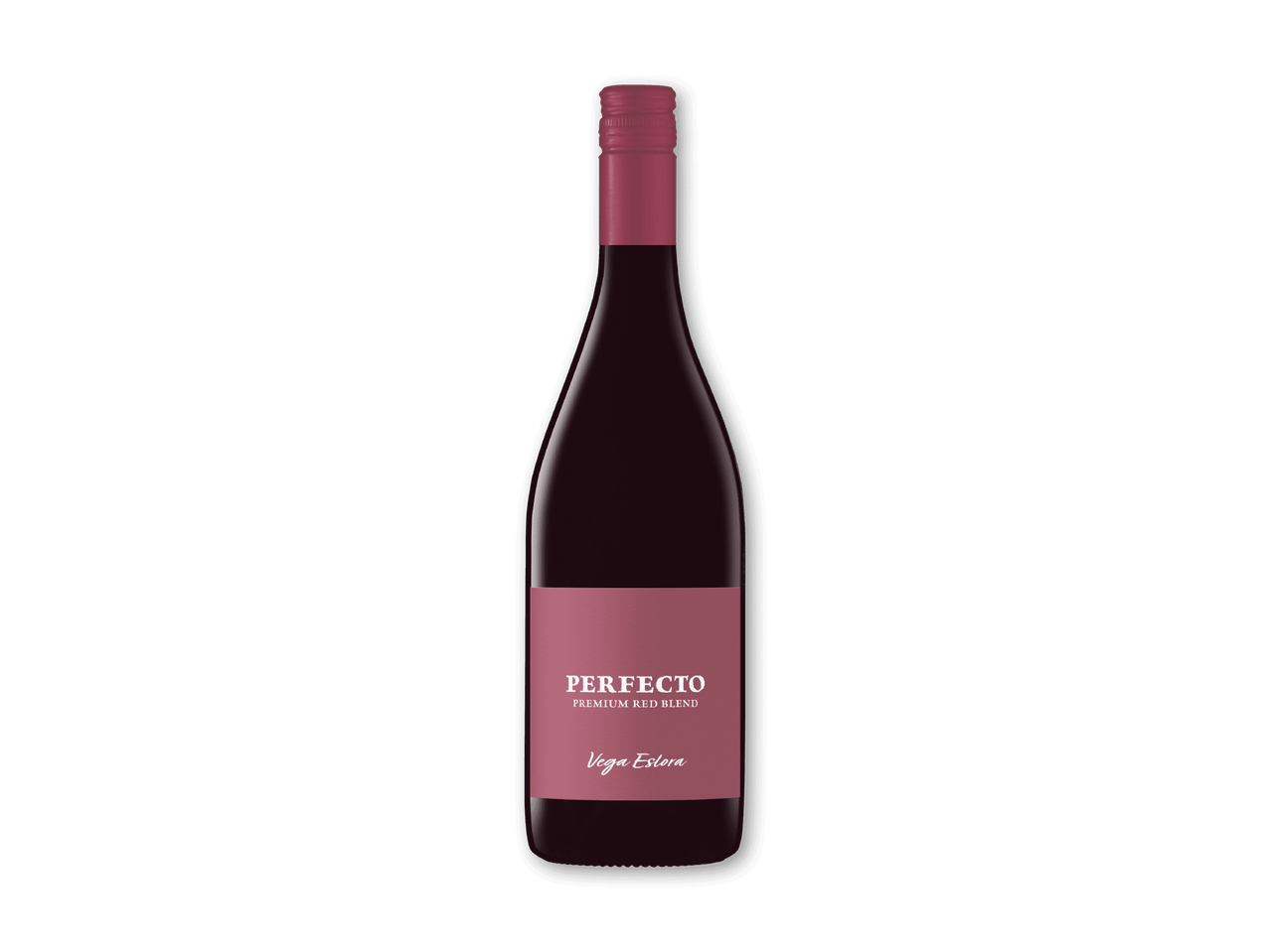 En flaske rødvin med en lyserød etiket, der læser 'PERFECTO PREMIUM RED BLEND' og 'Vega Eslora'.