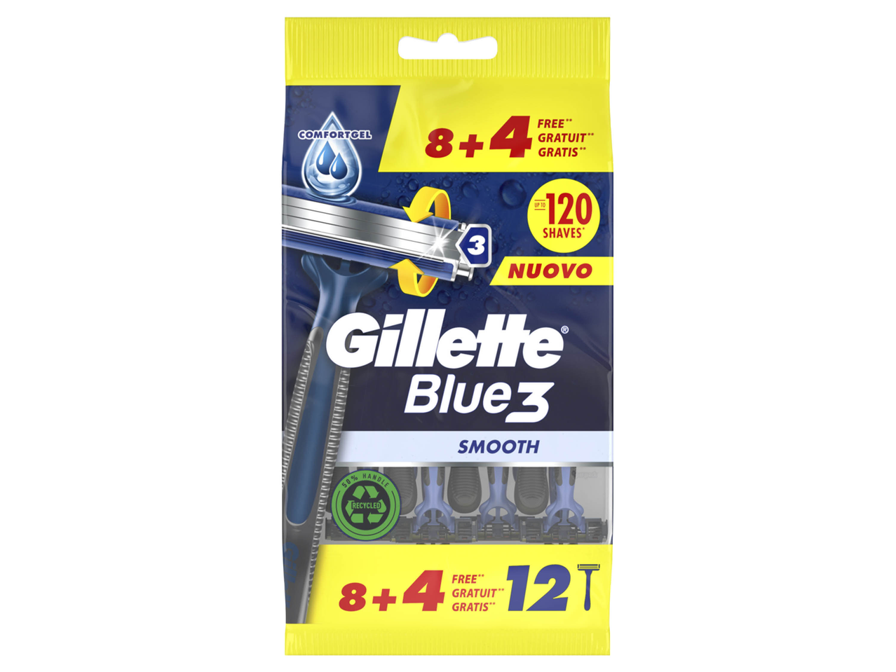 Confezione Gillette Blue3: 8 lame + 4 ricariche.