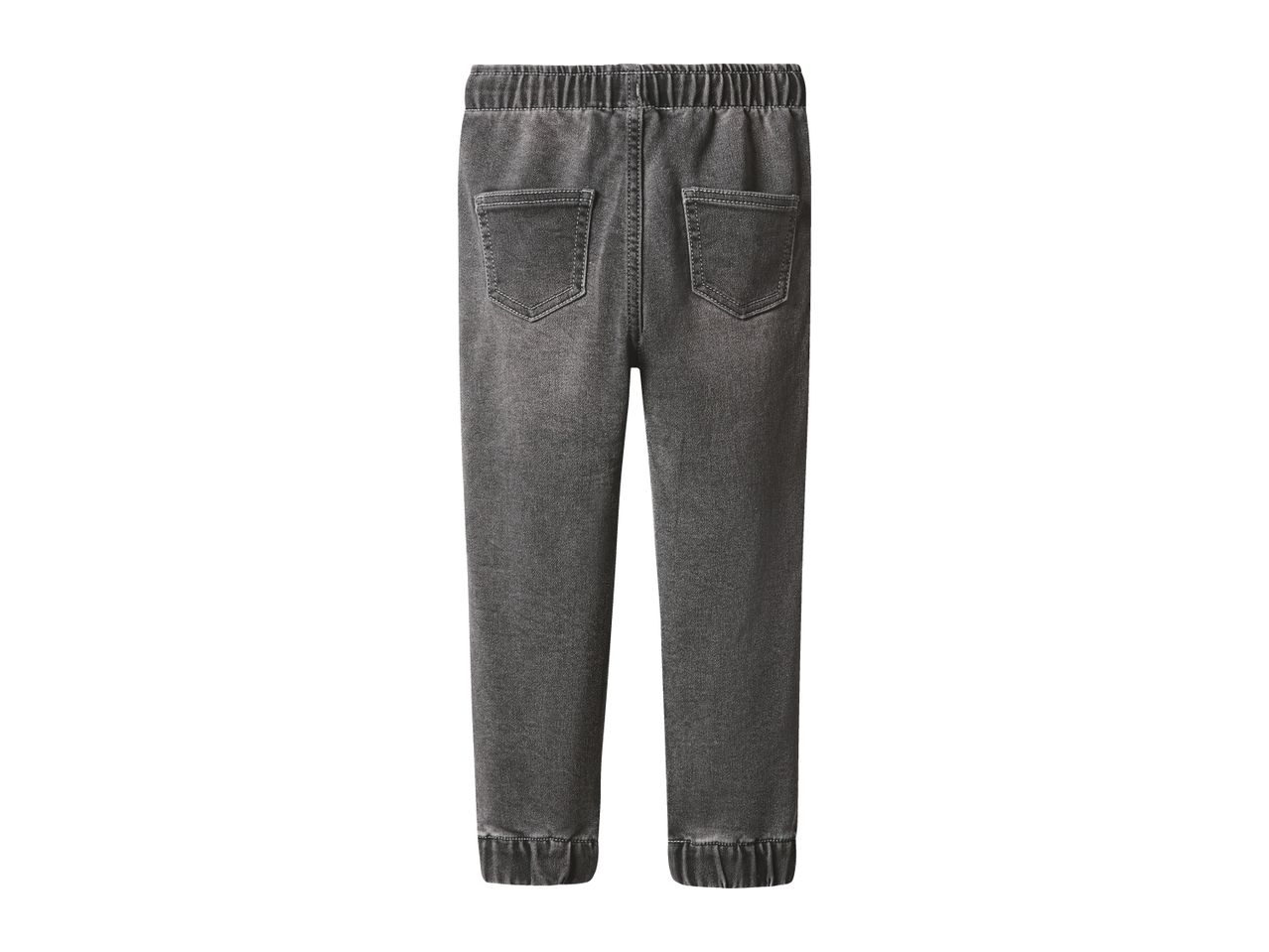Back view of a pair of dark gray denim joggers with an elastic waistband and cuffs.