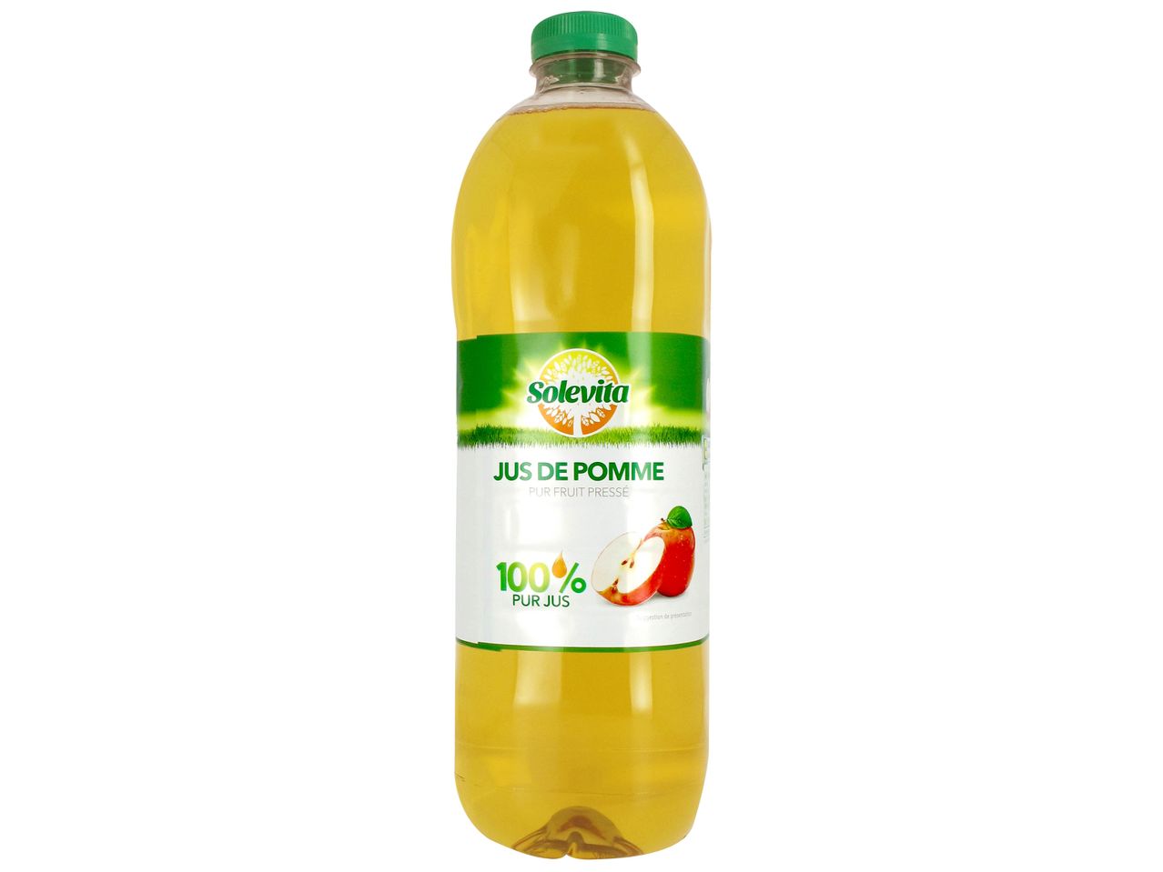 Jus de pomme Solevita en bouteille plastique.