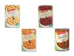 Fire pakker og en dåse med kikærter, røde kidneybønner, bagte bønner i tomatsauce og linser i saltlage.