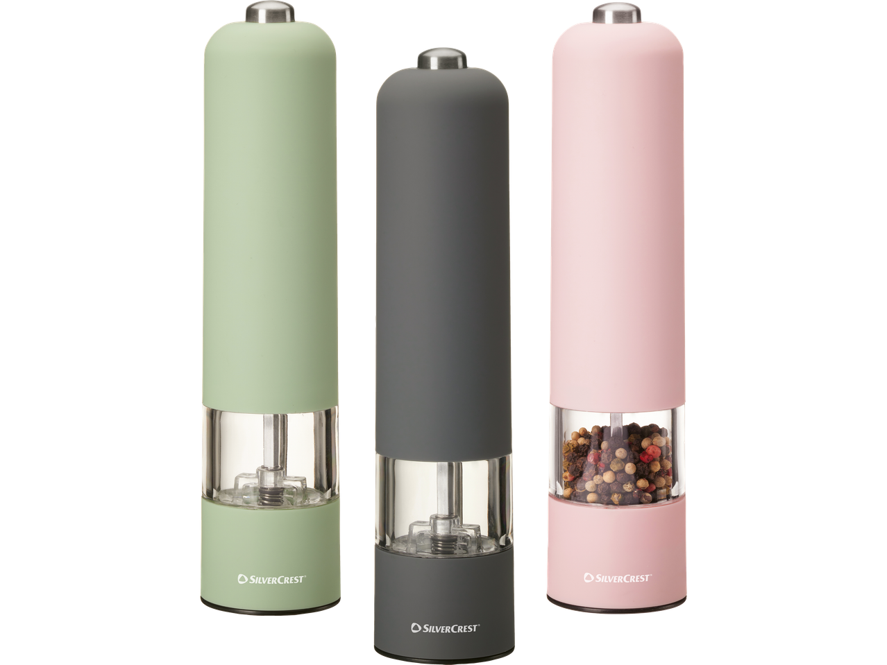 Tre elektriska pepparkvarnar i grönt, grått och rosa från SilverCrest.