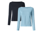 Dve ženski majici z dolgimi rokavi: ena temno modra in ena svetlo modra z belimi črtami.