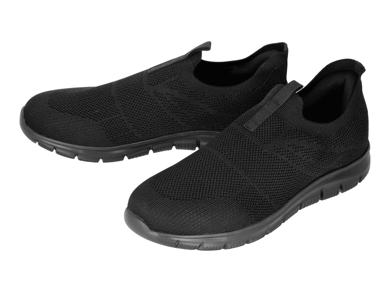 Pair of black slip-on sneakers with knitted uppers and dark soles