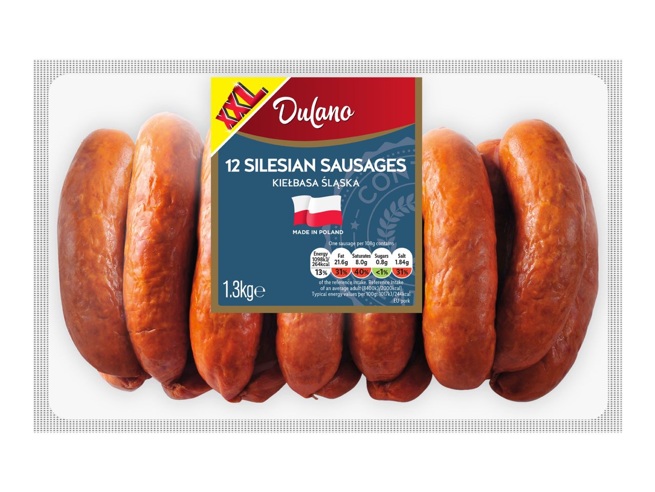 Pack of 12 Silesian sausages (Kiełbasa Śląska) weighing 1.3kg, with nutritional information.