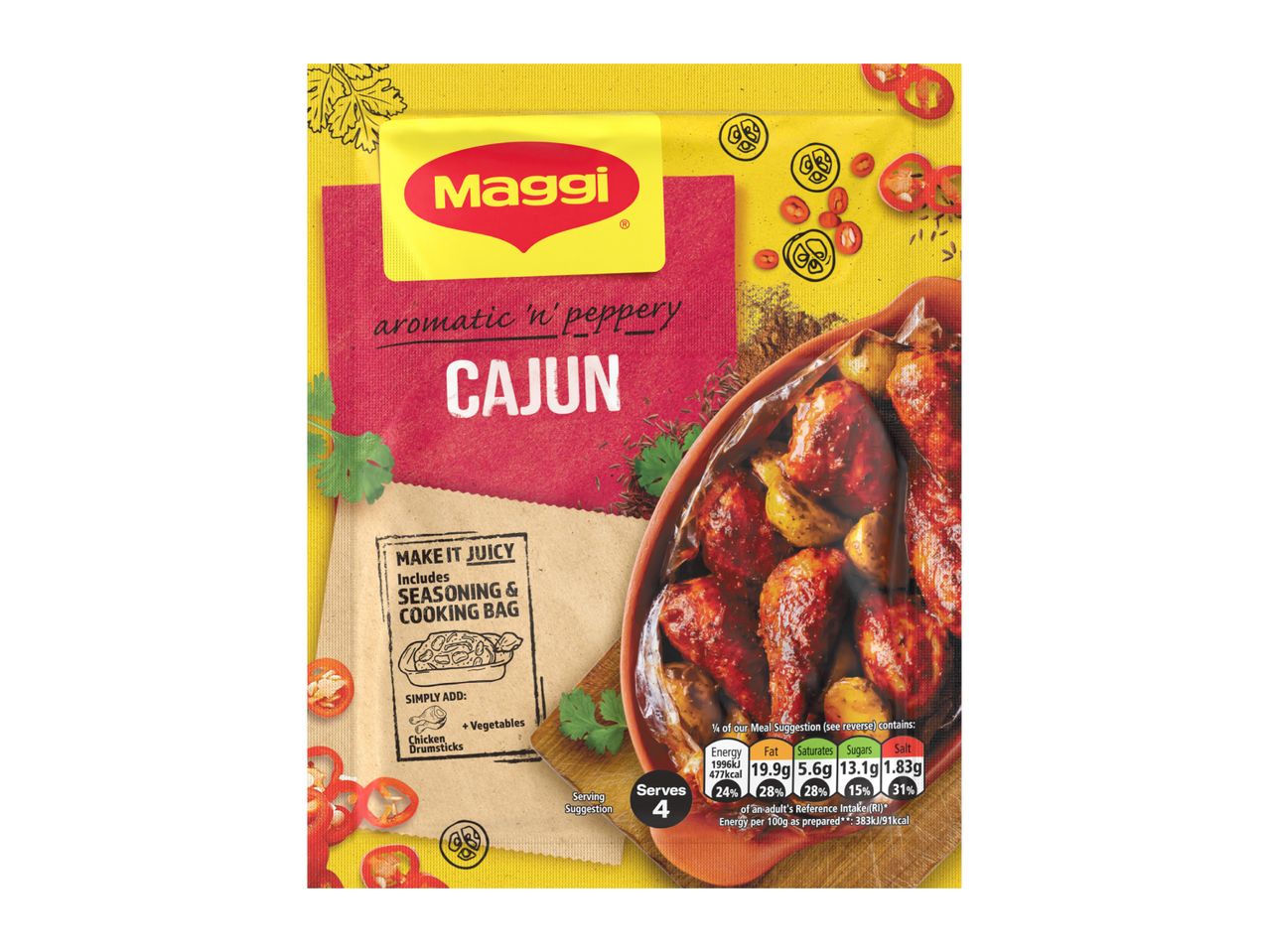 Aromatic and peppery Cajun seasoning mix with a cooking bag, serving 4.