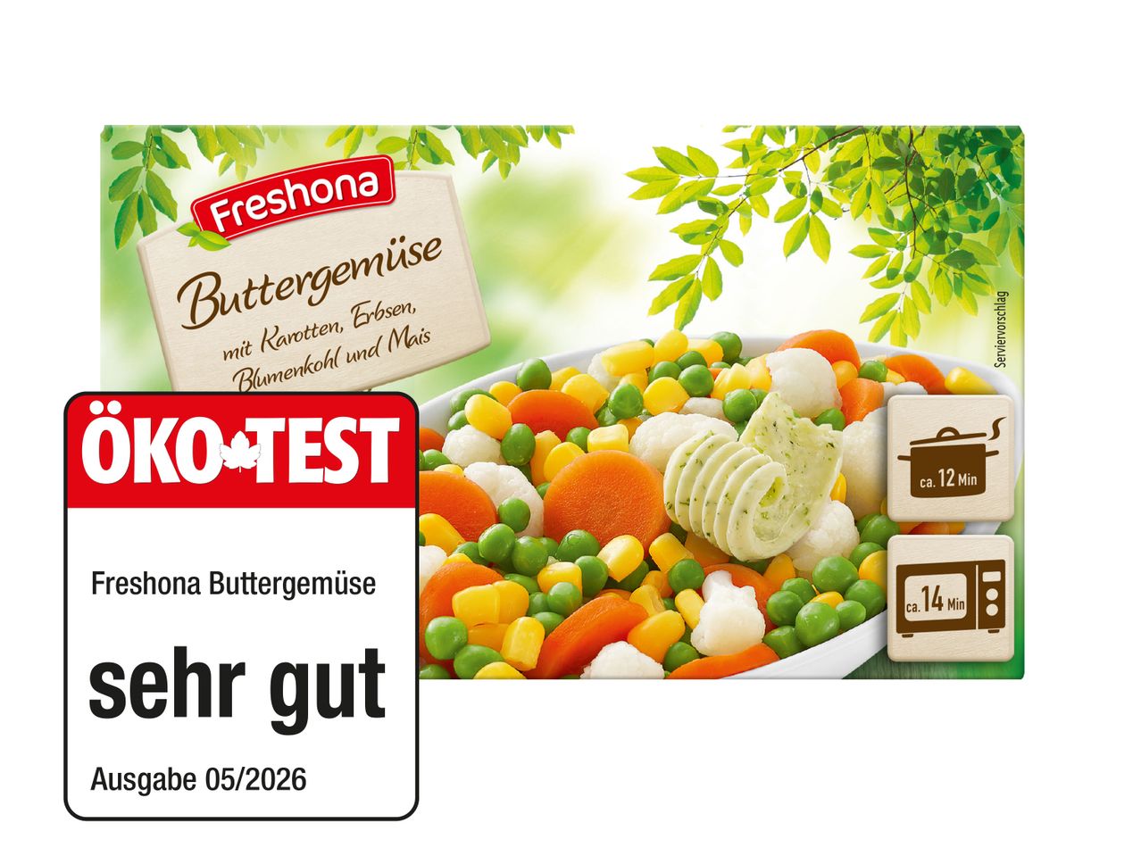 Verpackung für Buttergemüse mit Karotten, Erbsen, Blumenkohl und Mais, ausgezeichnet mit 'sehr gut' von ÖKO-TEST.