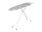 Ironing board with a grey patterned cover and white metal legs