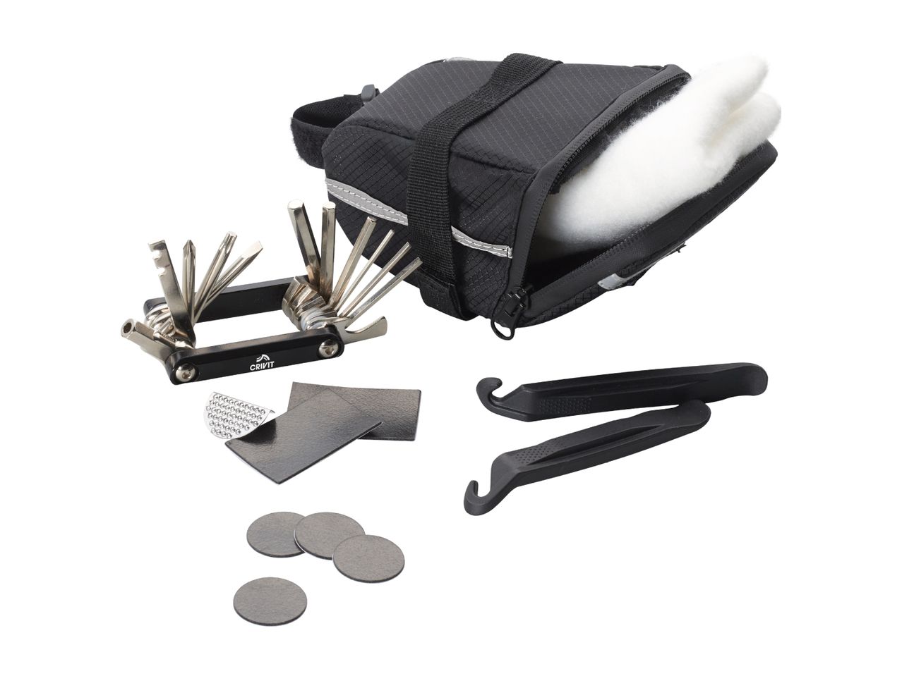 Crivit bike repair kit with multi-tool, patches, tire levers, and saddle bag.