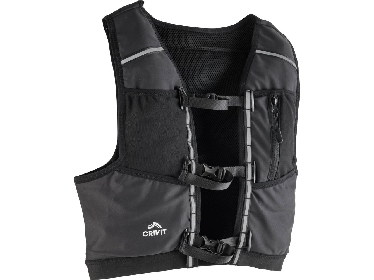Gilet da corsa nero Crivit con dettagli riflettenti e tasche con cerniera.