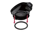Black air fryer basket with a removable ring and red arrows indicating removal.