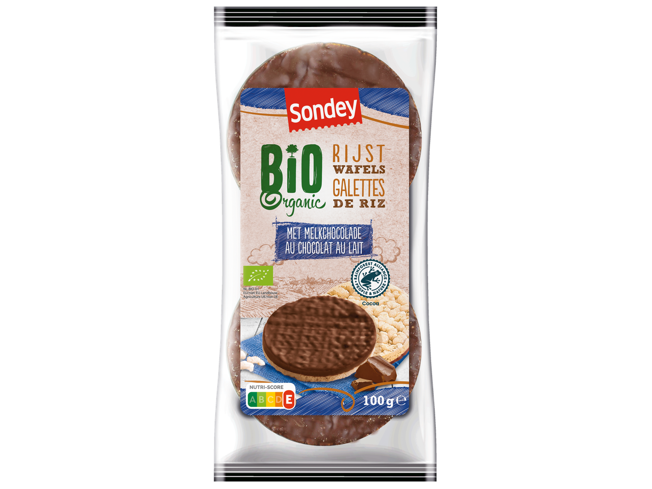 Sondey Bio rijstwafels met melkchocolade, biologisch.