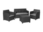 Dark grey rattan garden furniture set with two armchairs, a two-seater sofa, and a table.