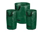 Three green garden waste bags of varying sizes with handles.