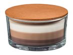 Layered candle in a glass jar with a wooden lid
