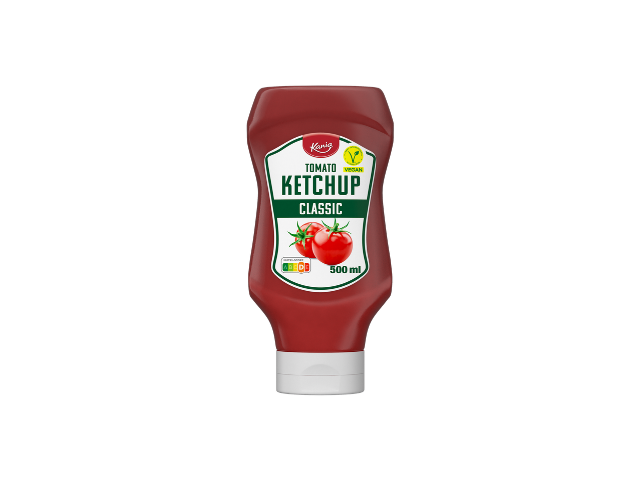Rode tomatenketchupfles met een wit etiket, met tomaten en een veganistisch logo.