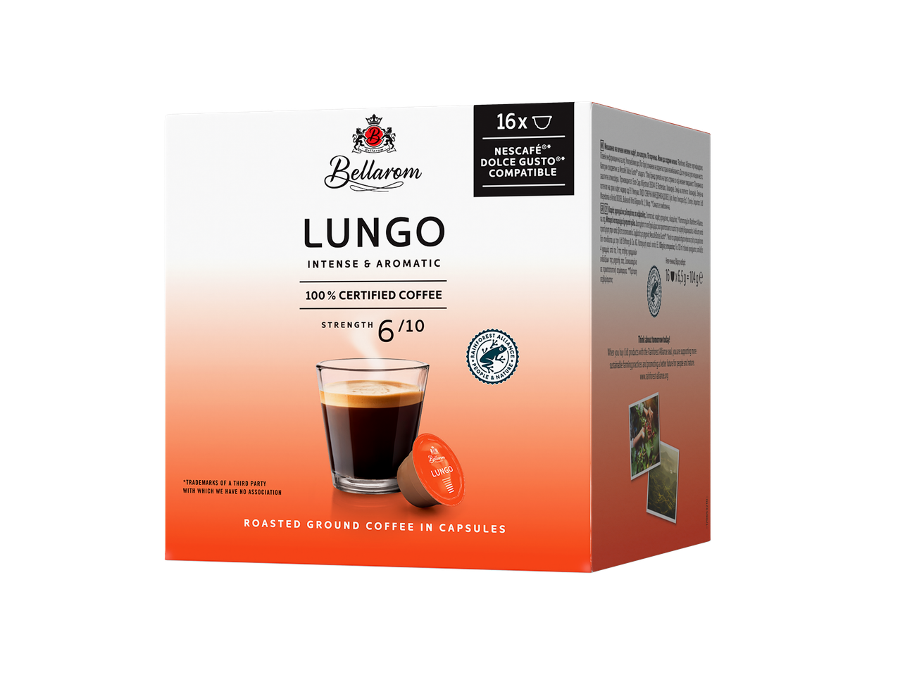 Capsule de cafea Bellarom Lungo, compatibile cu Nescafé Dolce Gusto.