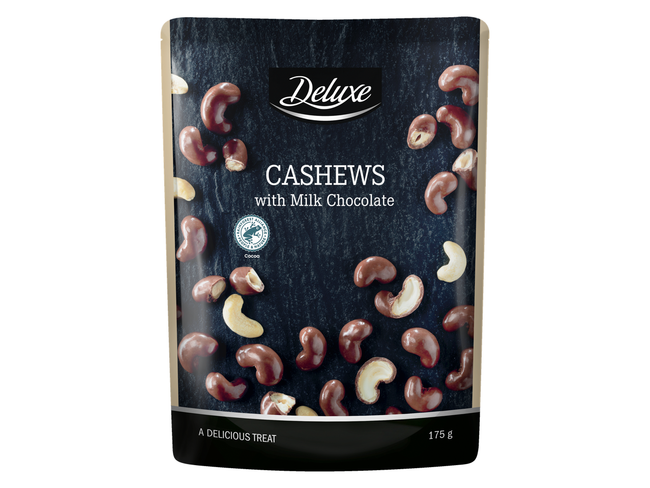 Caju Deluxe cu ciocolată cu lapte într-un ambalaj.
