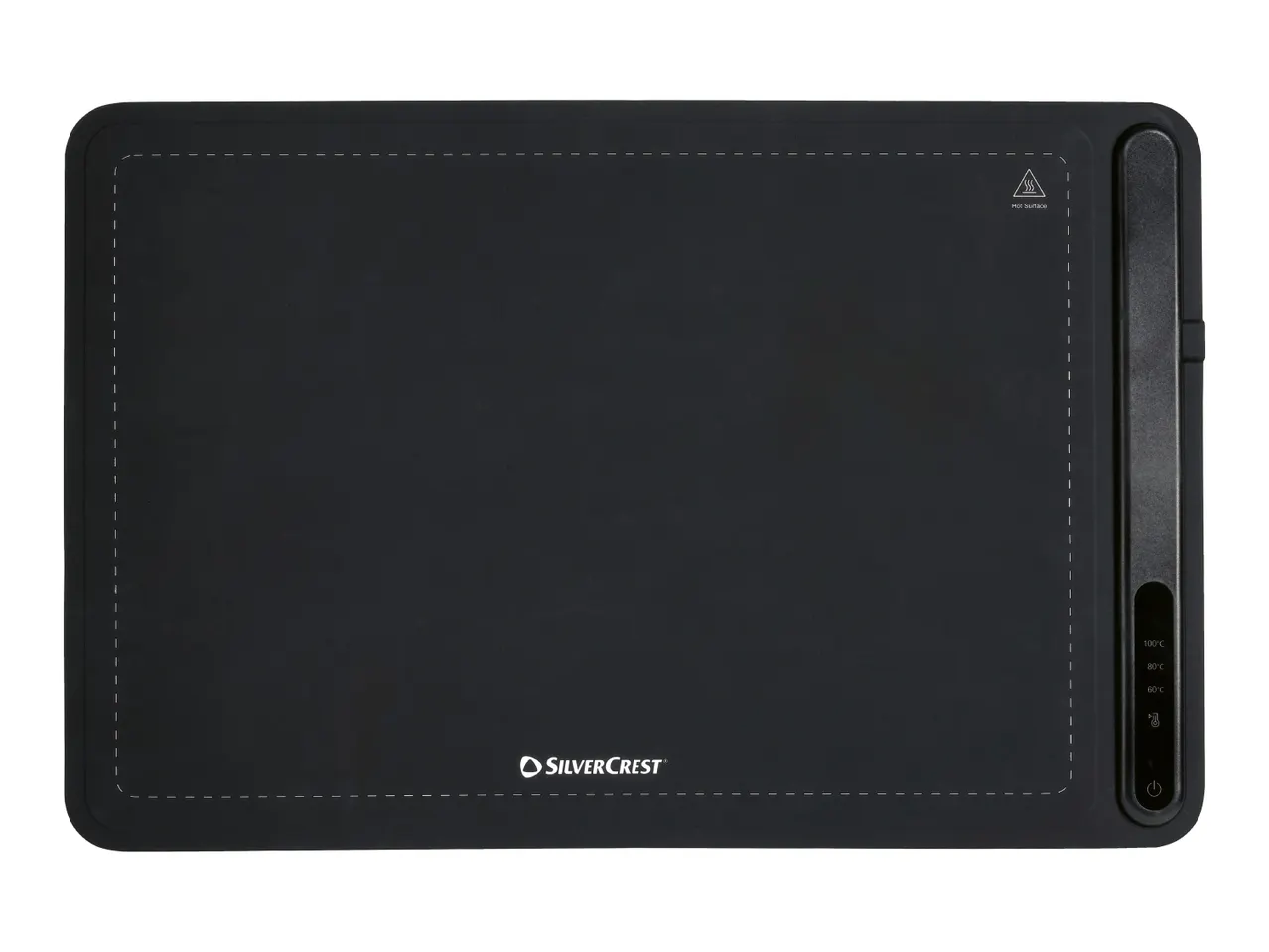 Black electric warming tray with temperature settings and power button.