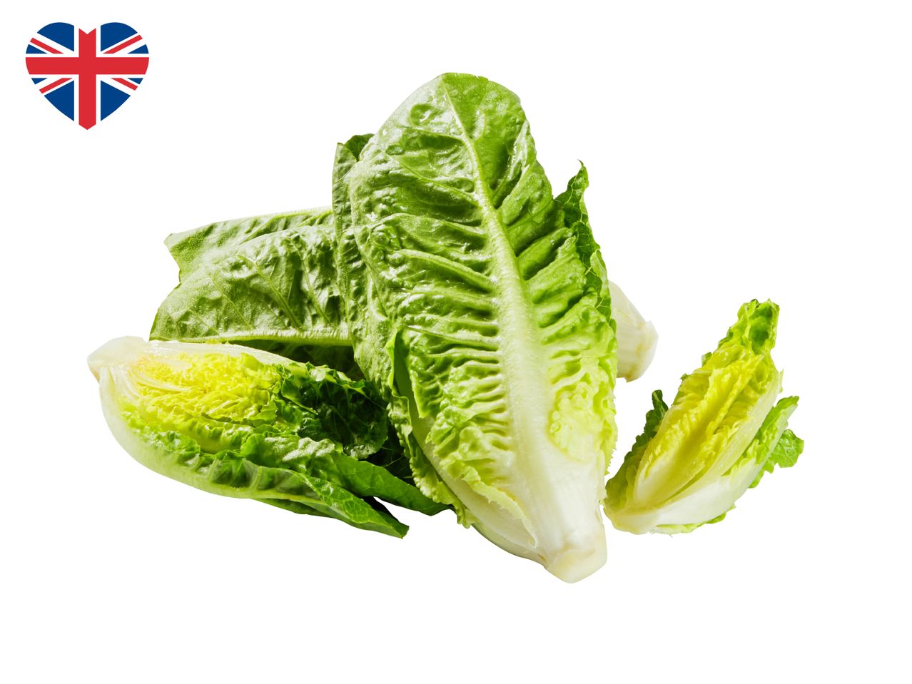 Fresh romaine lettuce with a heart-shaped Union Jack flag.