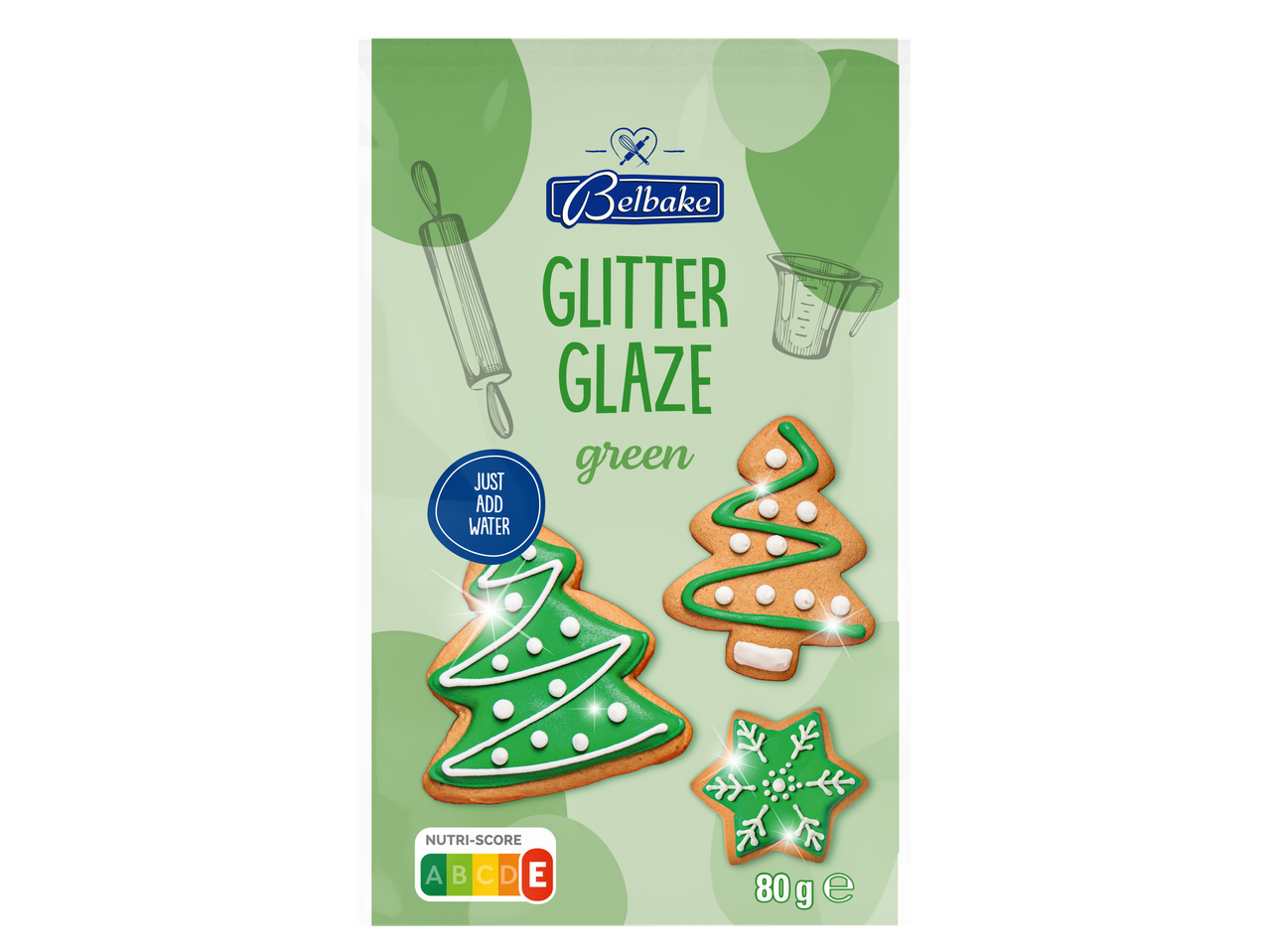 Belbake mirdzošā glazūra zaļa, tikai pievienojiet ūdeni, ar dekorētiem Ziemassvētku cepumiem, 80g.