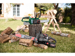 Two Parkside chainsaws on a stump, surrounded by firewood.