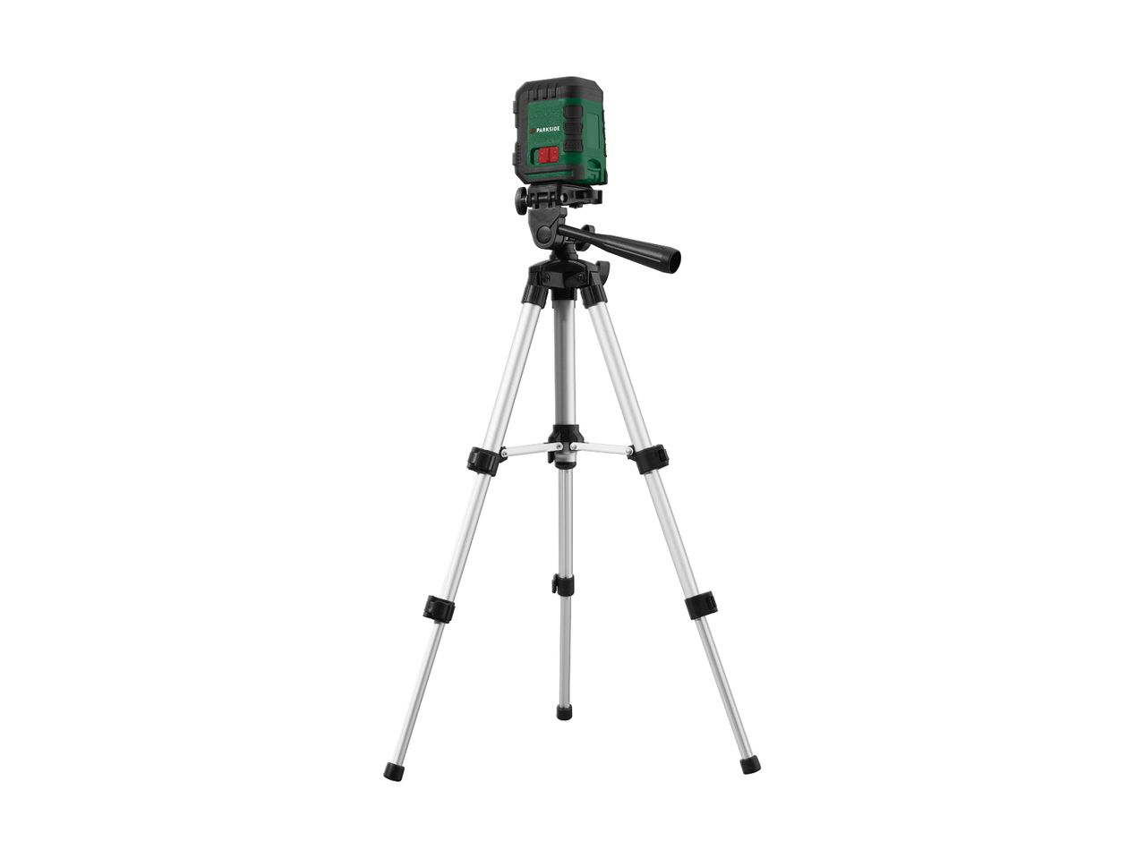 A green and black laser level mounted on a silver tripod.